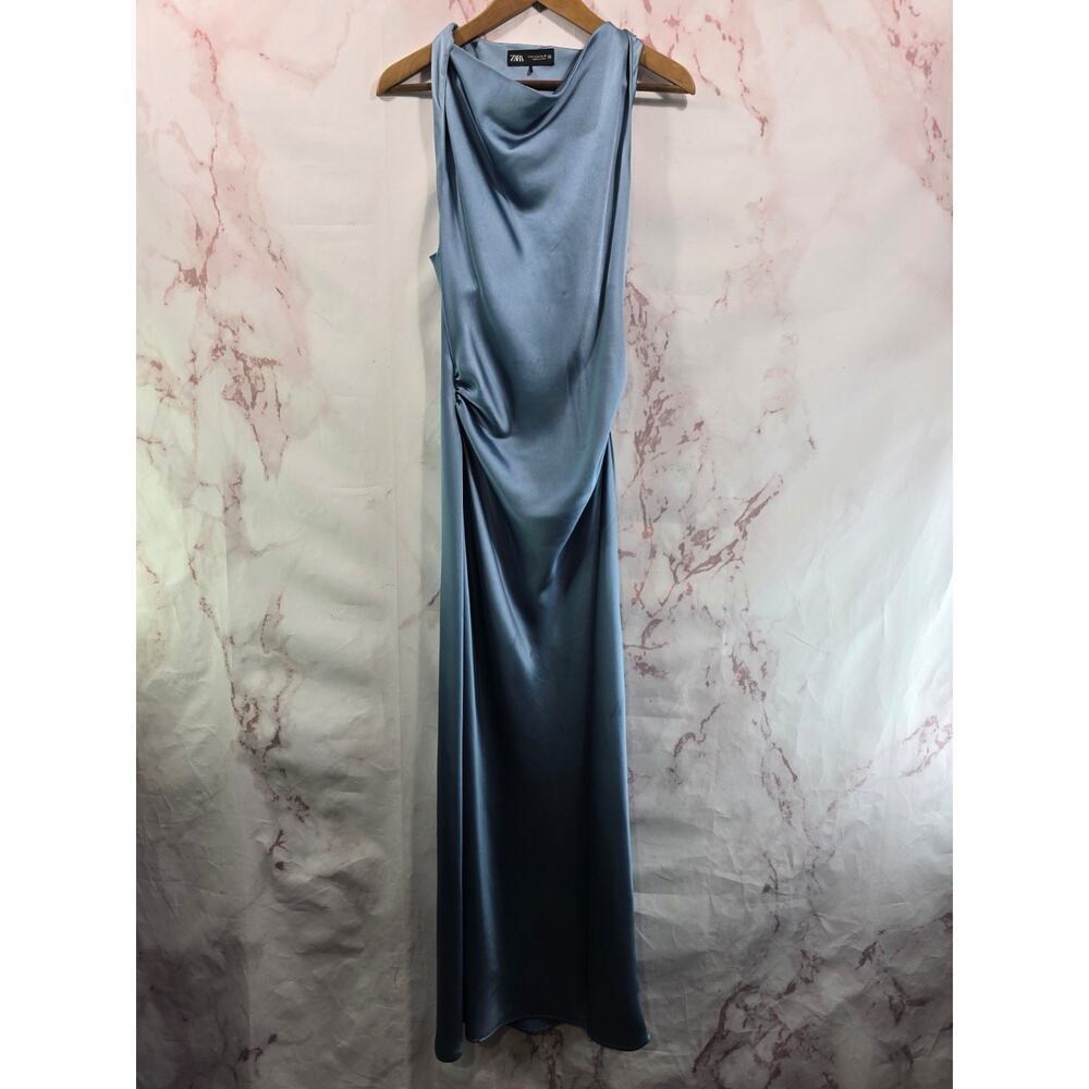Zara Dress Womens Medium Light Blue Satin Slip Tank Midi Maxi Cowl High Neck